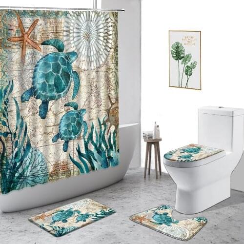Turtle Shower Curtain Octopus Marine Animal Home Decoration Curtains Bathroom Set Non-Slip Bath Mat Flannel Toilet Seat Door Mat