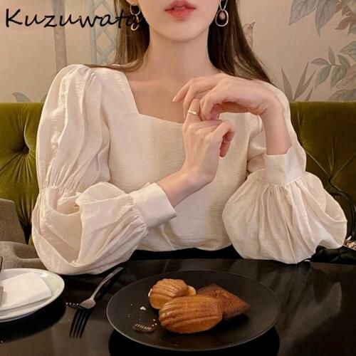 Kuzuwata Pleated Blouse Women Solid Square Collar Puff Sleeve Ladies Blusa Shirts Spring 2021 Fashion Casual Female Tops