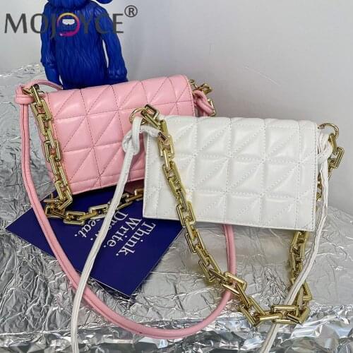 Fashion Rectangle PU Leather Solid Color Thick Chain Handbags Retro Women Geometric Embroidery Pattern Shoulder Crossbody Bag