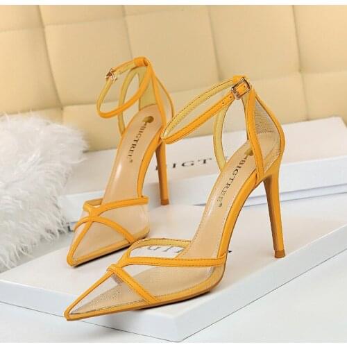 2021 Women 10cm High Heels Yellow Sandals Lady Stripper Mesh Nude Strap Sandles Wedding Bridal Luxury Prom Sexy Pleaser Shoes