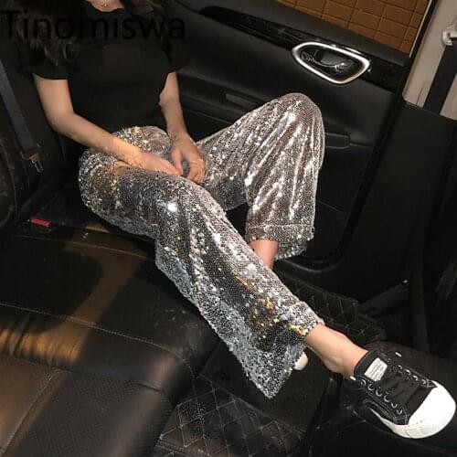 Tinomiswa Spring Summer Womens New Pants Bling and Flashing Beads Casual Wide Legs High Waist Slim Fashion Womens Trousers