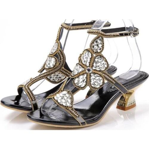 Women 2019 Summer New Rhinestone Kitten Heel Cutout Fashion Sandals Flowers Rome Style Big Small Size 33 42 43 Sexy Sandals