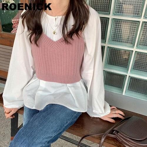ROENICK Sweaters Vests Women Solid Short Crop Tops V-neck Sweater Vest Womens Korean Style Fashion Leisure Jumpers Lovely Pink