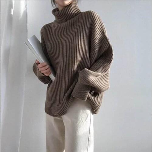 Autumn Winter Knitted Womens Turtleneck Long Sleeve Pullover Sweater Casual Basic Pullovers Jumper Lantern Loose Tops Elegant