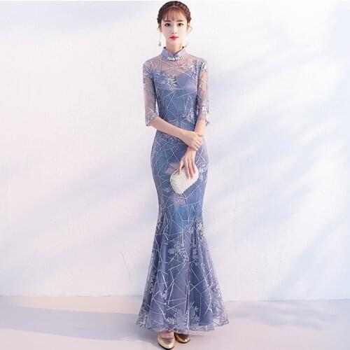 Lace Mermaid Chinese Dress Wedding Party Cheongsam Oriental Long Chinese Style Women Elegant Qipao Embroidery Robe Vestido