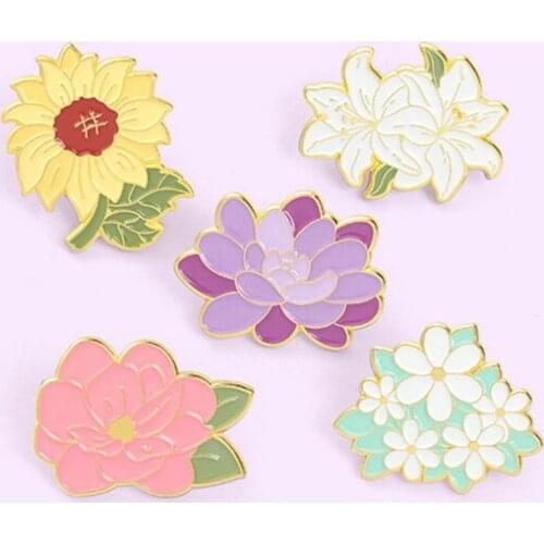 Cartoon Spring Floral Flower Enamel Lapel Pins Colorful Peony Sunflower Lily Daisy Brooches Bag Badges Women Girls Plant Jewelry