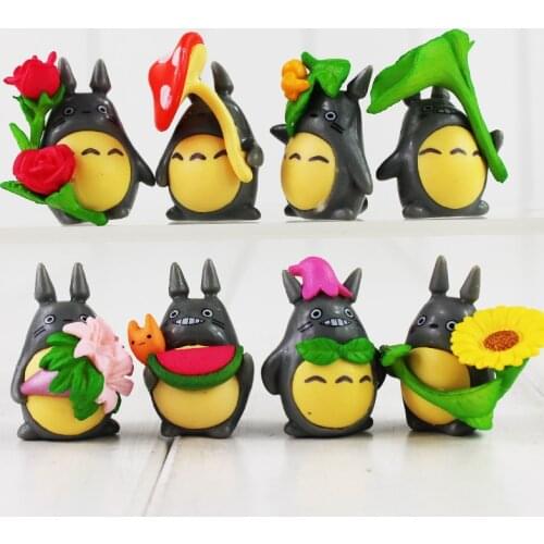 8pcs/Lot My Neighbor Totoro Figure Toy Chinchilla with Flowers Miyazaki Hayao Anime Mini Model Doll for Kids