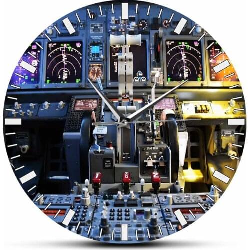 Night Flight Cockpit Aircraft Pilot View Silent Non Ticking Wall Clock Airplane Engine Jet Wall Art Office Decor Hanging Watch