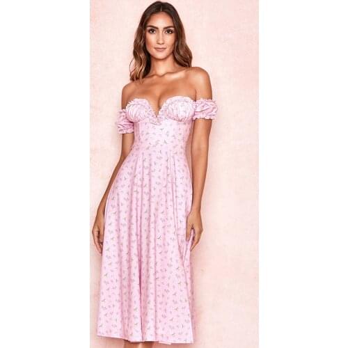 DEIVE TEGER 2021 New summer lovely pink floral strapless midi sundress women dresses A-line beach dress 8301