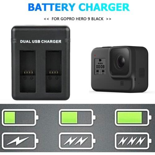 For GoPro HERO 9 Battery Charger Micro USB Type-C Dual Battery Pack Charger 2 Ways Smart Charging Dock for Gopro Hero 9 Black