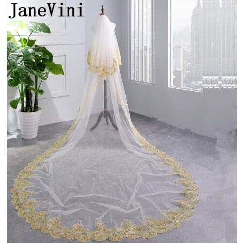 JaneVini 2018 Two Layers Long Bridal Veils Gold Lace Edge Sequins Wedding Veil with Comb White Cathedral Length Sluier Met Kant