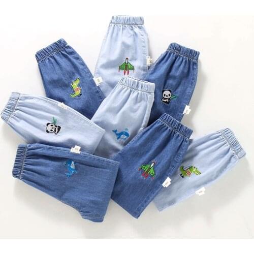 Cartoon Trousers 2021 New Panda Embroidered Girls Jeans Child Boys Fashion Denim Pants Summer Thin Section Kids Pants Baby Jeans