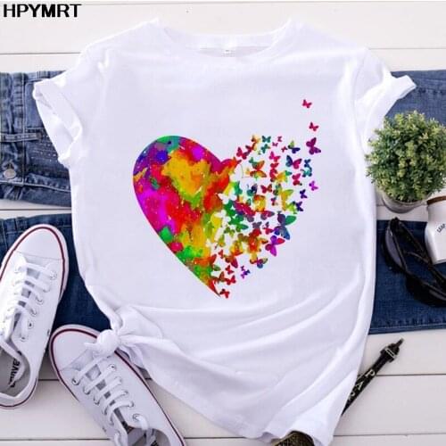 T-shirts Women Color love butterfly Casual 90s Fashion Trend Printing Clothes Graphic Tshirt Top Lady Female Tee T-Shirt Female