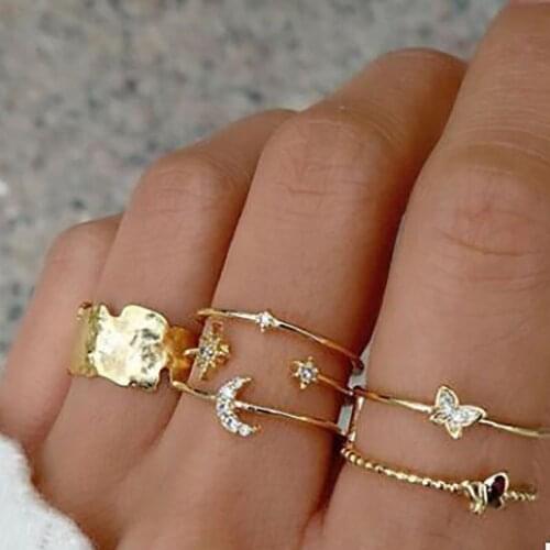 Boho Vintage Golden Crystal Star Moon Ring Set Womens Fashion Geometric Bow Knot Open Round Charm Rings Wedding Jewelry Gift