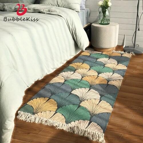 Bubble Kiss Cotton Carpets For Living Room Handmade Tassels Rug Ginkgo Leaf Pattern Floor Mat Home Carpet Nordic Style Strip Rug