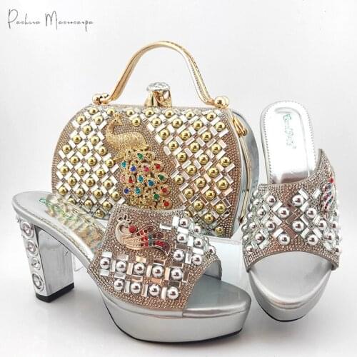 Lastest Special Phoenix Style Italian Design African Nigerian Party Silver Color Ladies Shoes and Bag Set Decorated With Metal