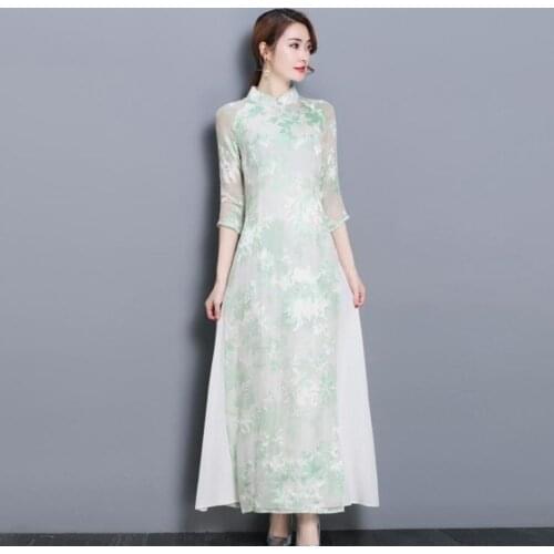 Literary Womens Improved Stand Collar Mesh Breathable Qipao Dress Chinese Retro Printing Fake Two Elegant Dress