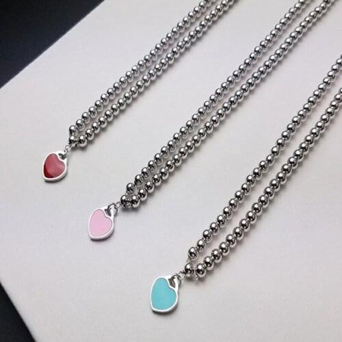 Fashion Enamel Heart Brand Pendant 4mm Round Bead Necklace S925 Sterling Silver Female High Quality Brand Jewelry Holiday Gift
