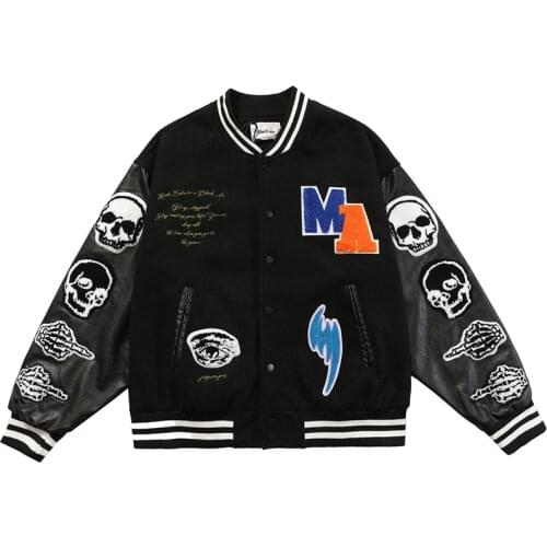 KIOVNO Men High Strret Embroidery Baseball Jackets Skull Pattern Color Block Patchwork Outwear Coats Male Harakuju