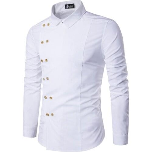 2018 New Spring Autumn Mens fashionPersonality Oblique Double Breasted Button Shirt Long Sleeve Casual Slim Fit Shirt Masculino