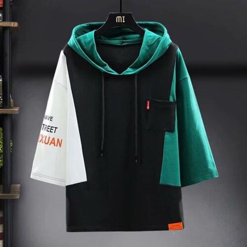 2021 Mens T Shirts Harajuku Japan Fashion Summer Three Quarter Tops Tees Men Casual Men Clothing Streetwear Hooded T Shirts Men
