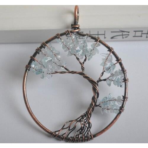 Natural Lucky Handmade Tree of life Blue Stone Bronze Copper Wire Wrap GEM Pendant Jewelry For Gift S1282
