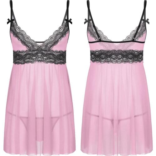 IEFiEL Mens Sissy Dress Set With Thongs Underwear Nightwear Sleepwear Mens Lace See Through Dress Skirts Ruffles Sexy Lingerie