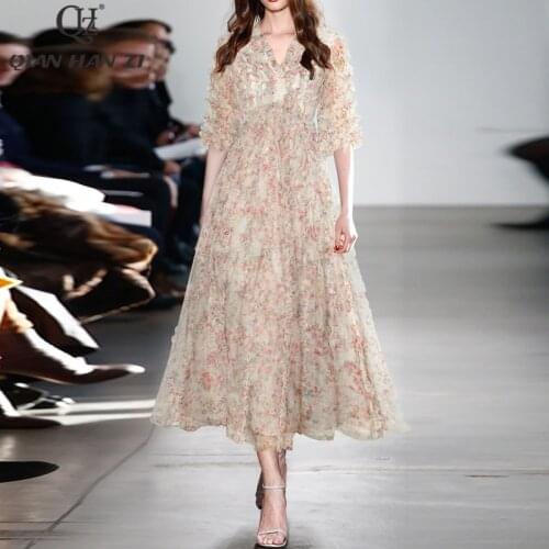 Qian Han Zi summer high quality fashion Maxi dress Womens V-neck Slim Edible Tree Fungus vintage Mesh print Elegant long dress