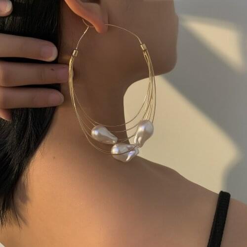 European and American Baroque style handmade geometric copper earrings personality multi-layer tassel imitation pearl earrings