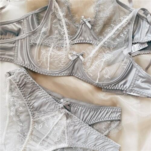 Girls bralette thin lace sexy transparent eyebrash underwear panties set net gauze small chest deep V temptation bra briefs set
