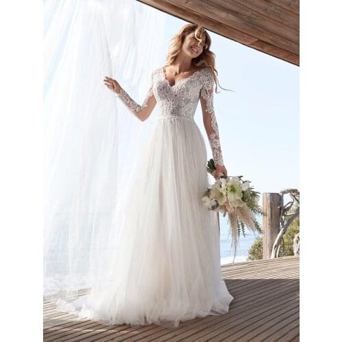 A Line Long Sleeve 2021Tulle Lace Long Ivory vestidos de fiesta Open Back Bridal Dresses Wedding Dress robe de soirée de mariag