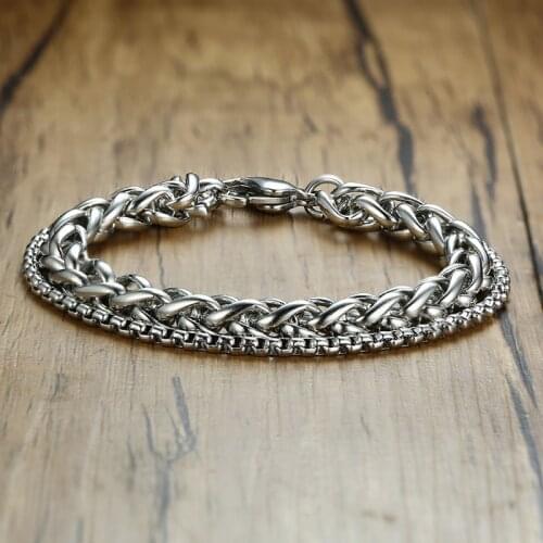 ZORCVENS Punk Vintage Double Chain Bracelet Men Stainless Steel Wristands Sliver Color Male Accessorie