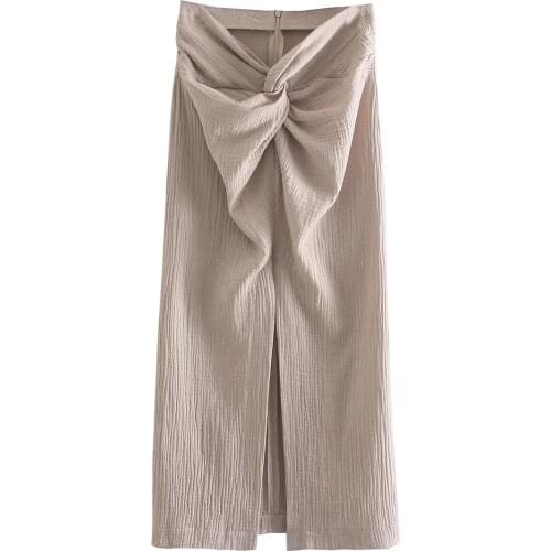 ZA New Summer Vintage Solid Color Skirt Women High Waist Package Hip Pencilskirt Fold Effect Front Split Skirts