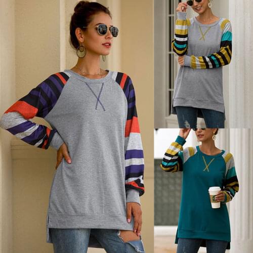 Women Sweatshirt Block Round Neck Striped Tunic Tops Casual Long Sleeve Pullover Shirt Blouse