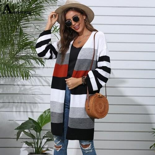 Long Sweater Women Autumn 2020 Leisure Casual Tops Patchwork Color V-neck Open Stitch Knitted Sweaters Femme Winter Warm Clothes