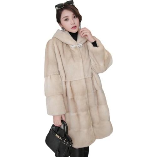 Mink Whole Fur Women Long Coat with Hood Winter Thick Warm Female Mink Fur Jacket