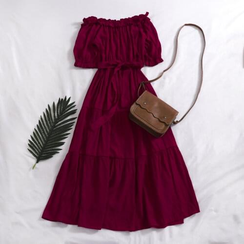 2020 Women Summer Slash neck Puff Lantern Sleeve Bandage Strap Ruffles Dress Vintage Elastic Slim Waist Pleated Party Midi Dress