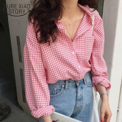 2021 Casual Long Sleeve Plus Size Blouse Women Autumn Pink Plaid Single-Breasted Shirt Women Loose Cardigan Ladies Tops 10966