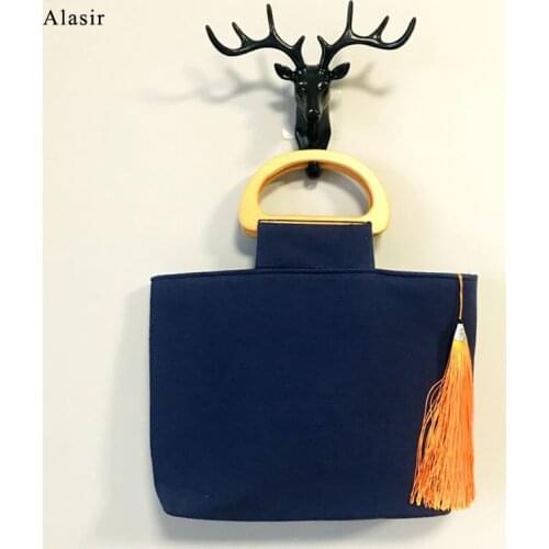 Alasir Tassel Canvas Tote Bag Women Solid Cotton Zipper National Handbag Wooden Handle Bag Simple Chinese Style Cotton Handbag