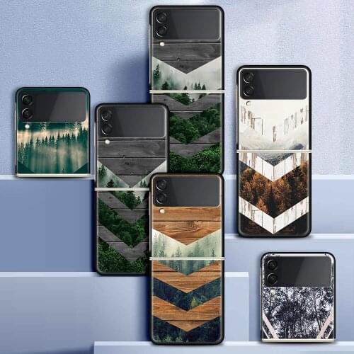 Case For Samsung Galaxy Z Flip 3 5G Funda ZFlip3 Luxury Black PC Hard Shockproof Back Phone Coque Forest Geometry Wood Nature