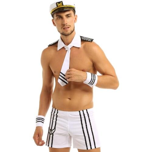 Men Male Navy Sailor Fancy Dress Up Shorts with Cap Collar Tie Cuffs Cosplay Parties Exotic Sexy Costumes Clubwear