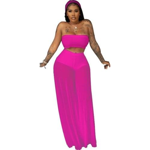 Womens Summer Beach wear Sheer Mesh Two Piece Set Women Outfits Sexy Tube Crop Top + Wide Leg Pants See Through Club 2 Piece Set