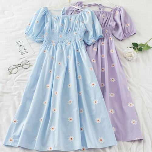 Elegant Women Summer A-Line Square Collar Puff Sleeve Pleated Ruffles Dress Lady Pullover Elastic Slim Party Floral Midi Dress