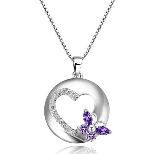 Purple Butterfly Hollow Out Heart Necklaces & Pendant for Women Wedding Engagement 925 sterling silver Necklace Jewelry