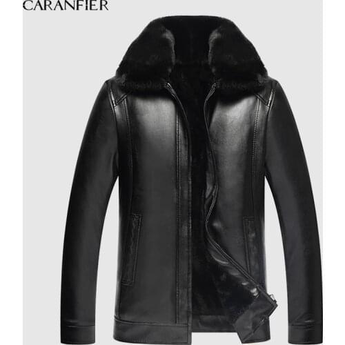 CARANFIER Faux Leather Jacket Mens Winter Velvet Thick Jacket Male Middle-aged Leather Mens Fur Collar Detachable Men Clothing