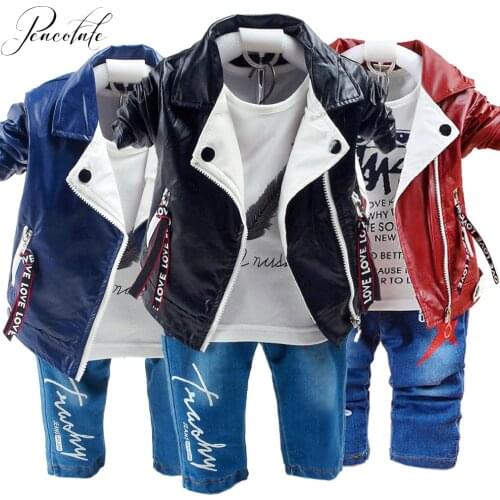 6m-3Years Spring Autumn Baby Boys Clothing Set 3pcs Long Sleeve White Cotton T Shirt Pu Leather Zipper Jacket and Denim Jeans