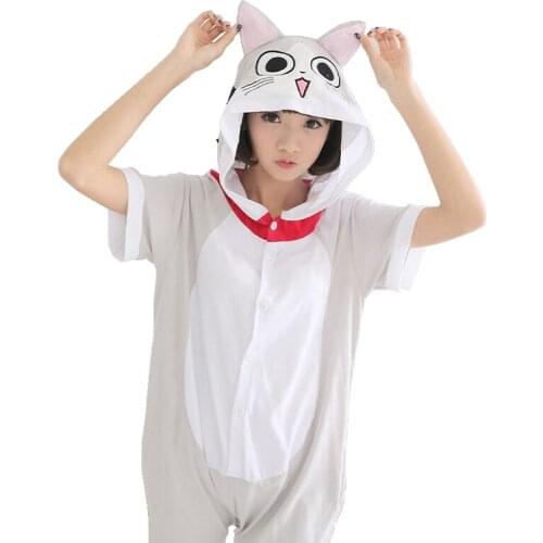 Summer Adult Cotton Cosplay Costume Chis Cat Sweet Home Onesie Women Men Short Sleeve Sleepwear Unisex Fancy Hooded Pajama