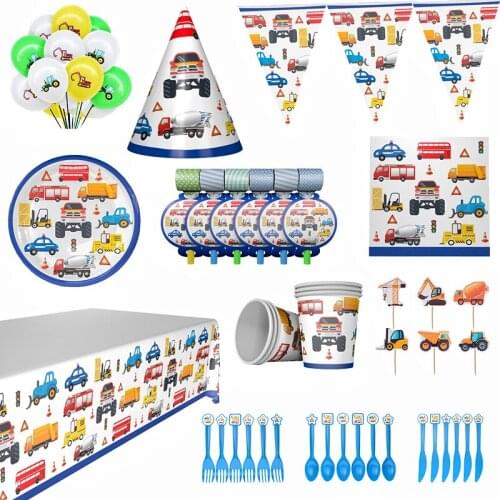 Cartoon Engineering vehicles Trucks Party Disposable Tableware Baby Shower Birthday Party Decorations Supplies