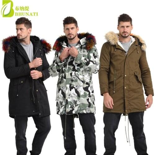 Mens Fur Coat Hood Fur Detachable Long Sleeve Winter Men Winter Faux Fur Solid Raccoon Fur Jacket Men Casual Parka
