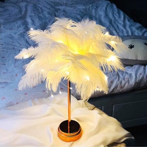 Remote Control Feather Table Lamp Creative Warm Light with USB / AA Battery Power DIY Bedroom Wedding Decoration
